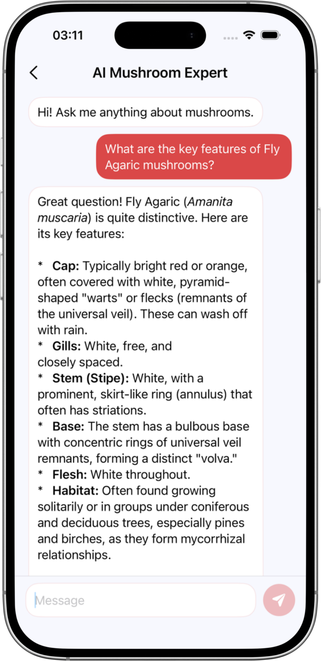 AI Mushroom Expert chat screen